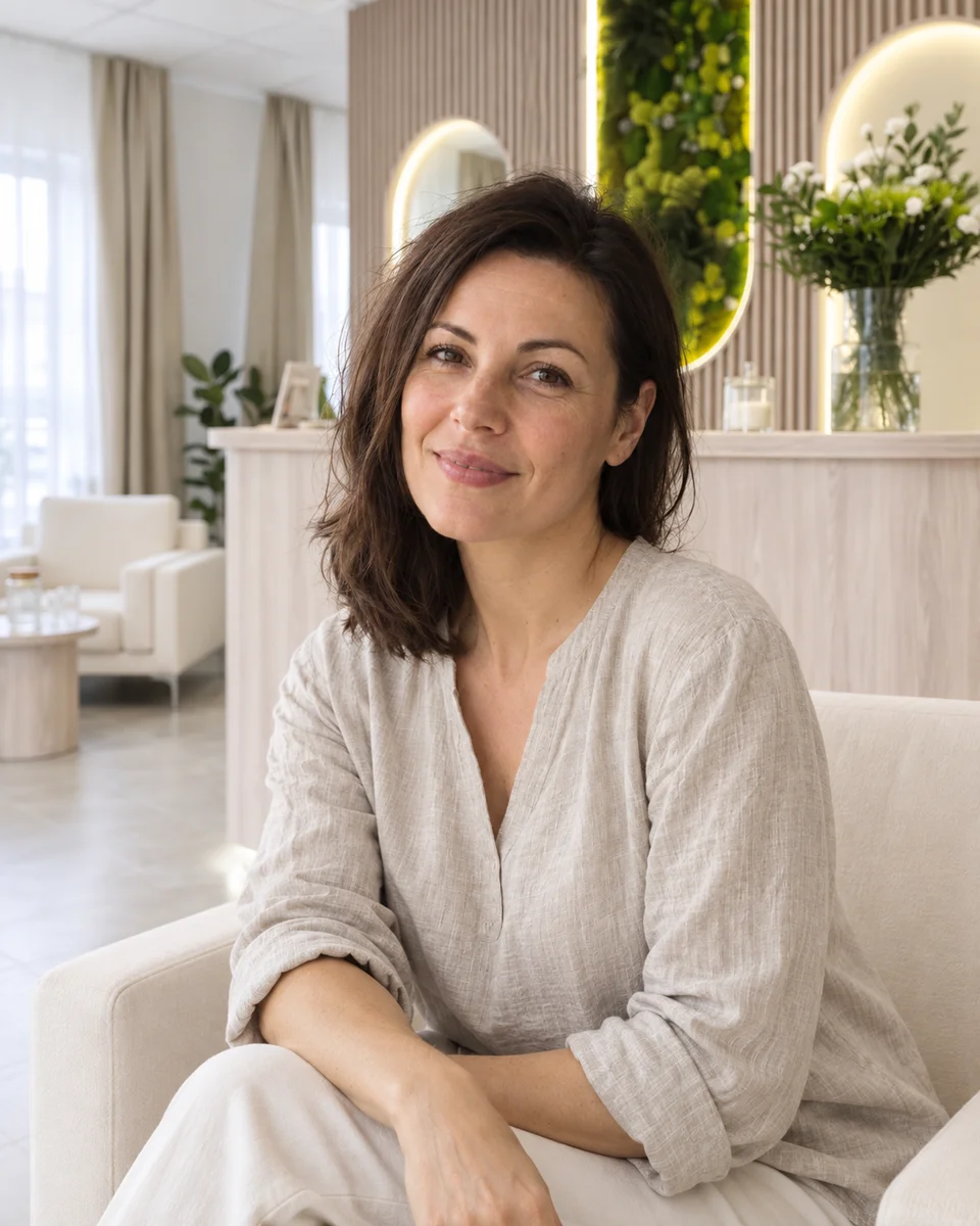 Ilustračný AI portrét ženy zasadený do interiéru recepcie Skinlab
